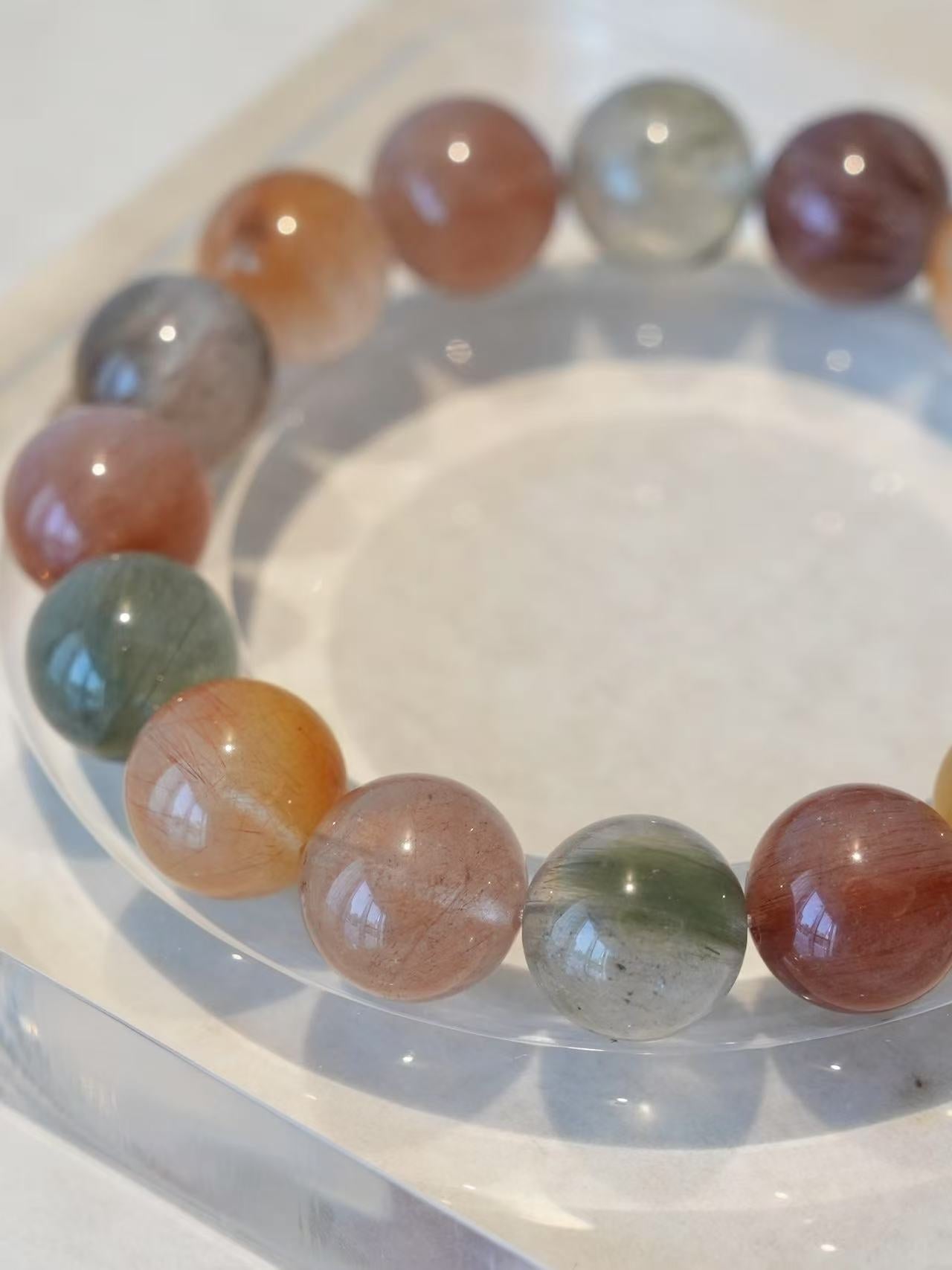 Iridescent Red-Green-Yellow-Gray Hair Quartz Bracelet - Natural Energy Jewelry