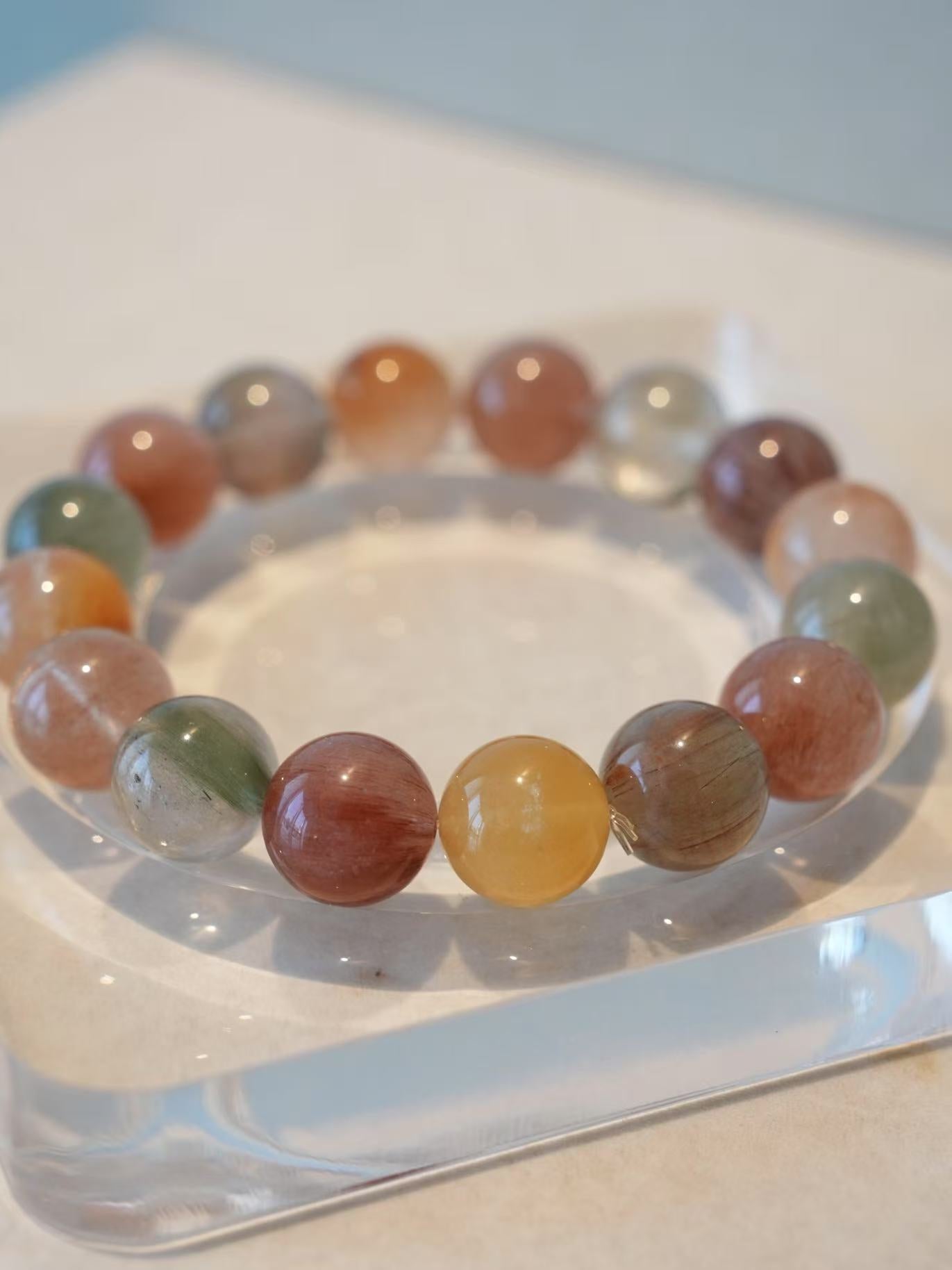 Iridescent Red-Green-Yellow-Gray Hair Quartz Bracelet - Natural Energy Jewelry