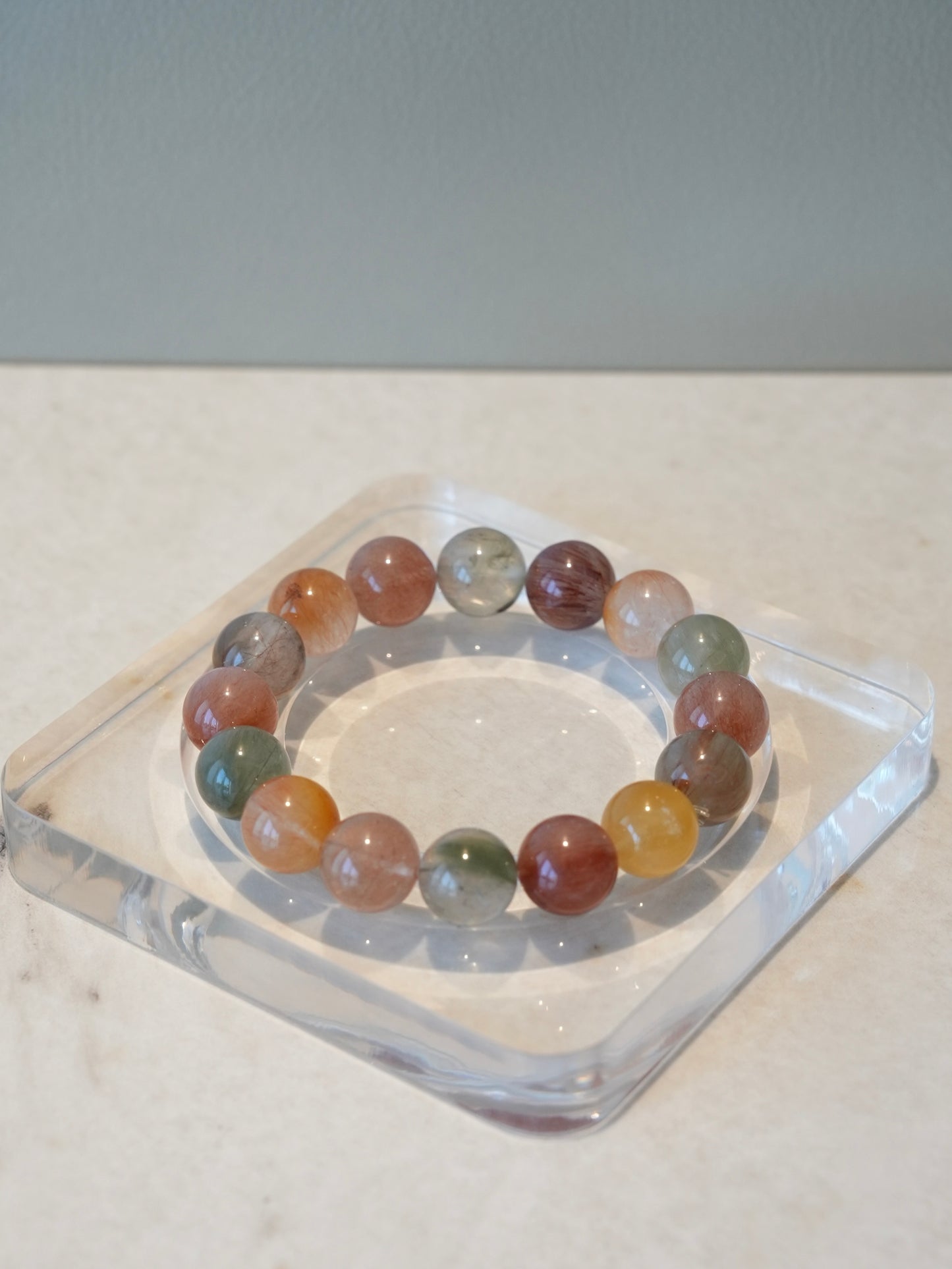 Iridescent Red-Green-Yellow-Gray Hair Quartz Bracelet - Natural Energy Jewelry